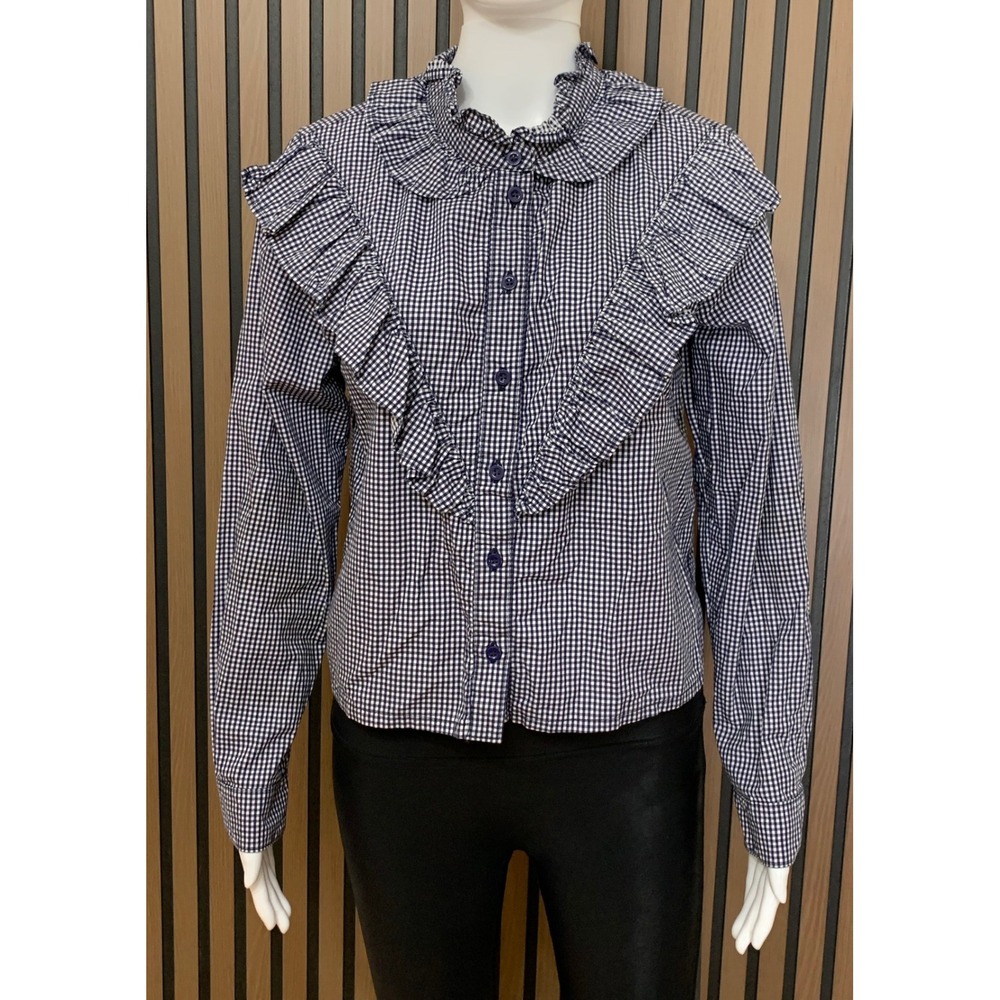 Topshop Moto Navy Gingham Ruffle High Neck Button Down Shirt US 6 Classic